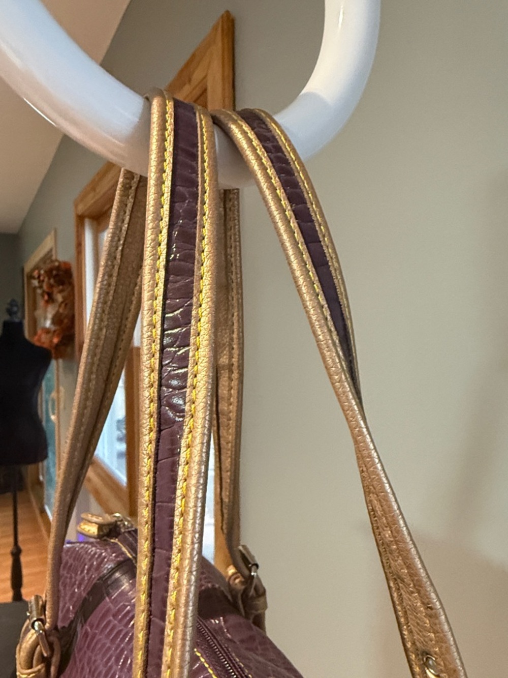 Sharif Purple Croc-Embossed Satchel with Gold Trim - Picture 7 of 16